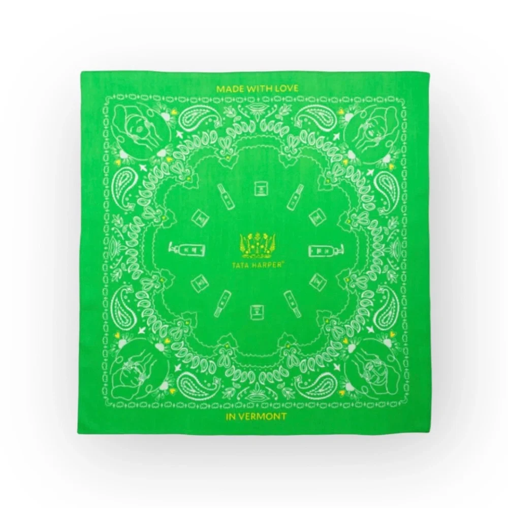 new Tata Harper 🜸 Signature Logo Print Beauty Bandana 🜸 Green Yellow White 🜸